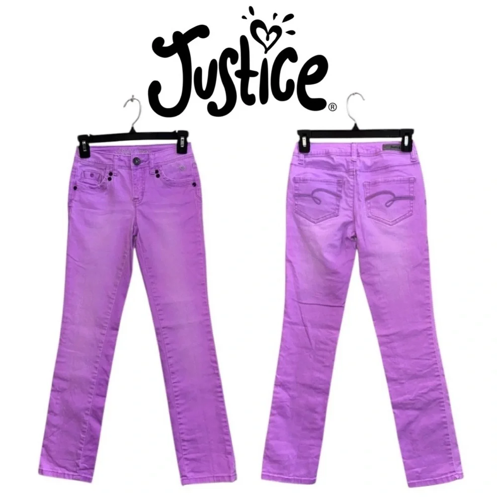 2-pair JUSTICE & ARIZONA Jeans Lilac Shine Bright Straight Stretch Girl 12 SLIM
